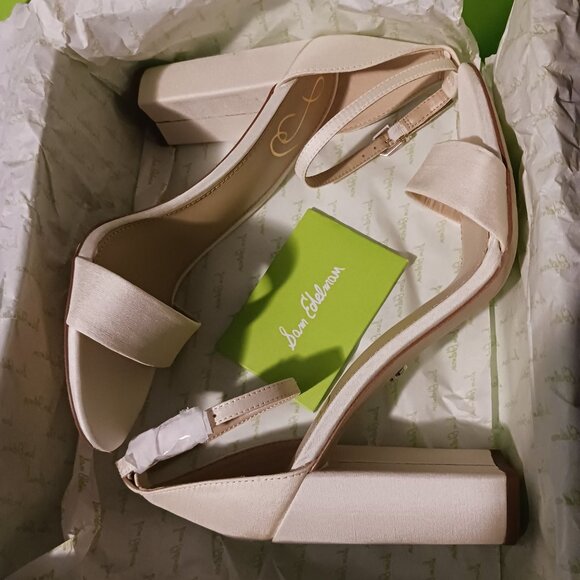 NEW Sam Edelman Yaro Block Heel Evening Sandals Ivory Satin Size 9 - Picture 12 of 13